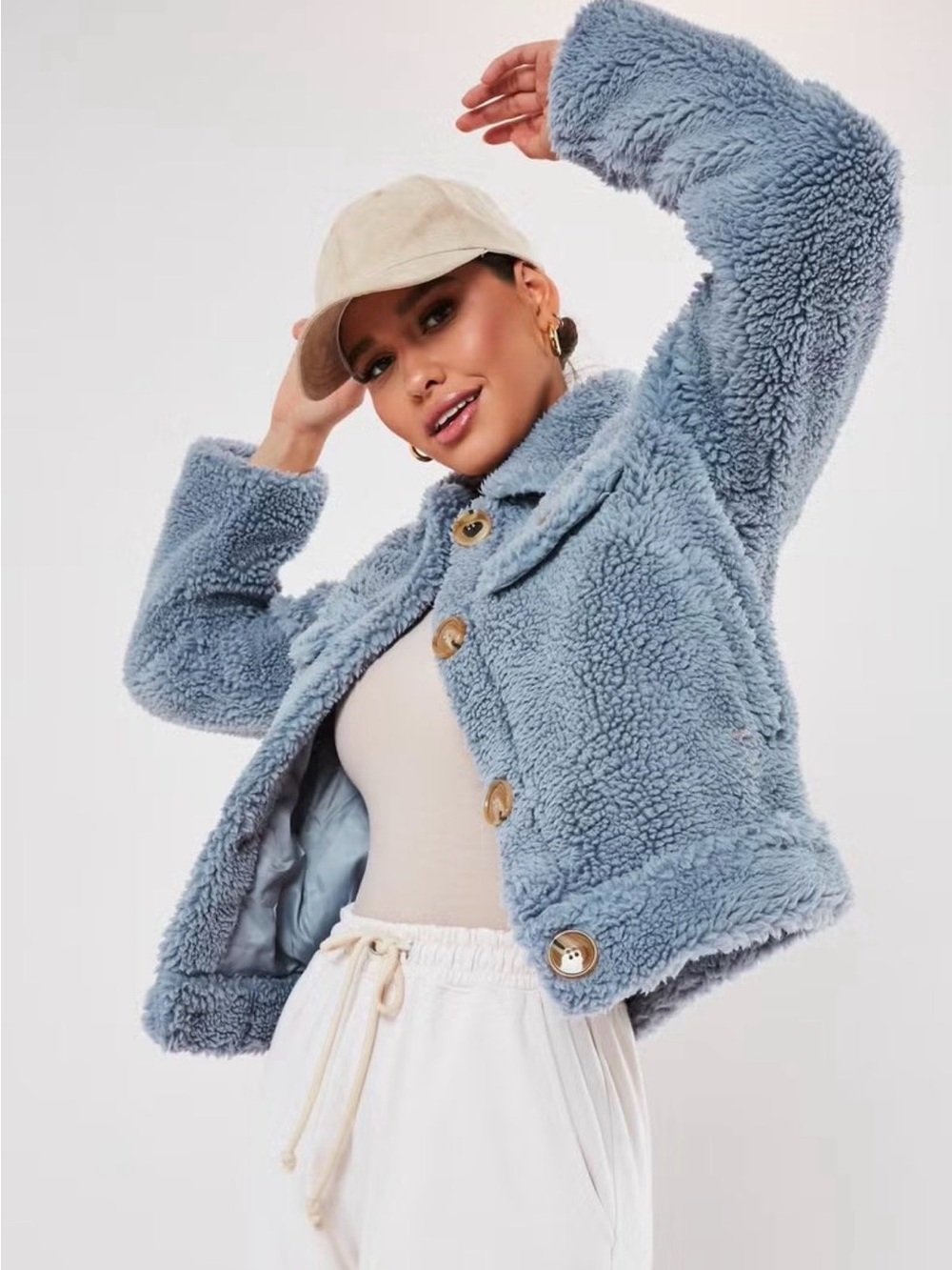 Light Blue Sherpa Teddy Jacket - Women - Picture 1 of 7